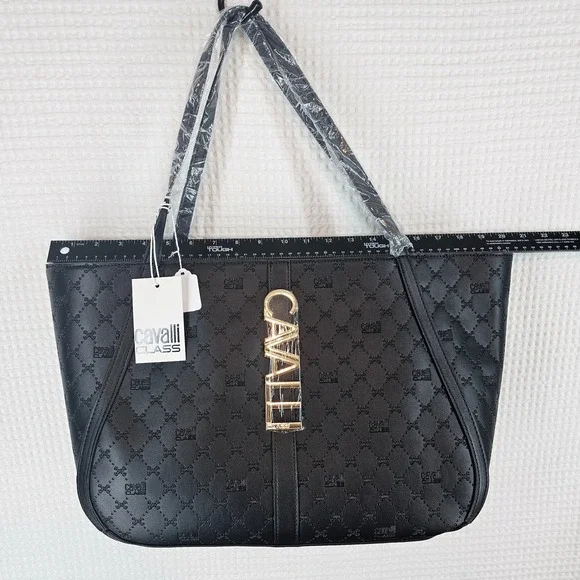 Cavalli Class Sandra Shopper Extra Larg Tote Bag Black Debossed Handbag NWT $118 - Picture 12 of 16